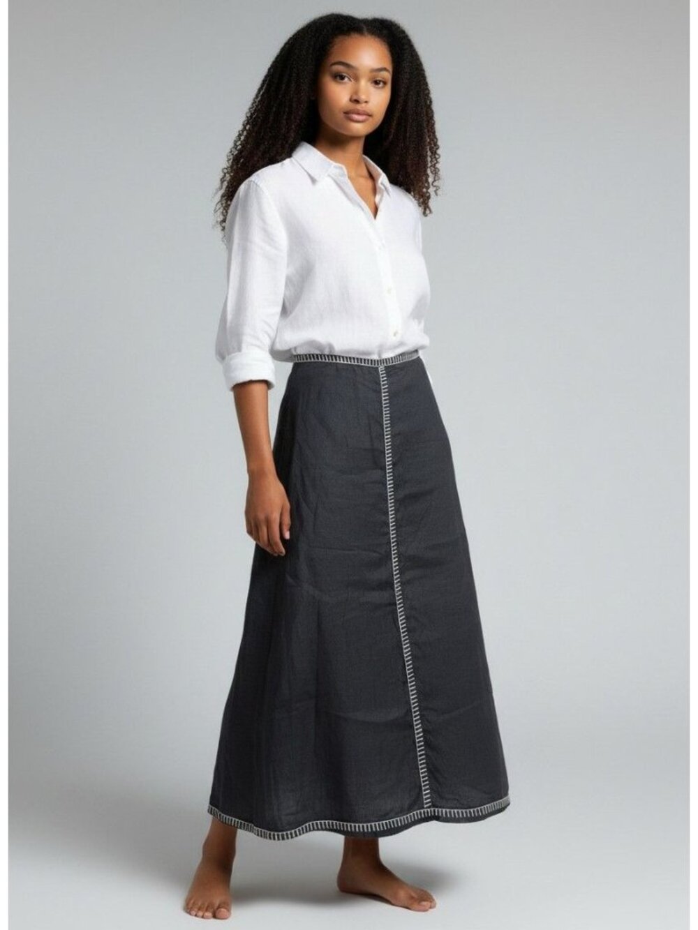 Magaschoni Black Linen Maxi Skirt Whip Stitch Detail Size 10 Quiet Luxury